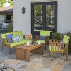 4-Piece Outdoor Wooden Patio Furniture Set – Sofa, 2 Chairs & Coffee Table (Green Cushions)